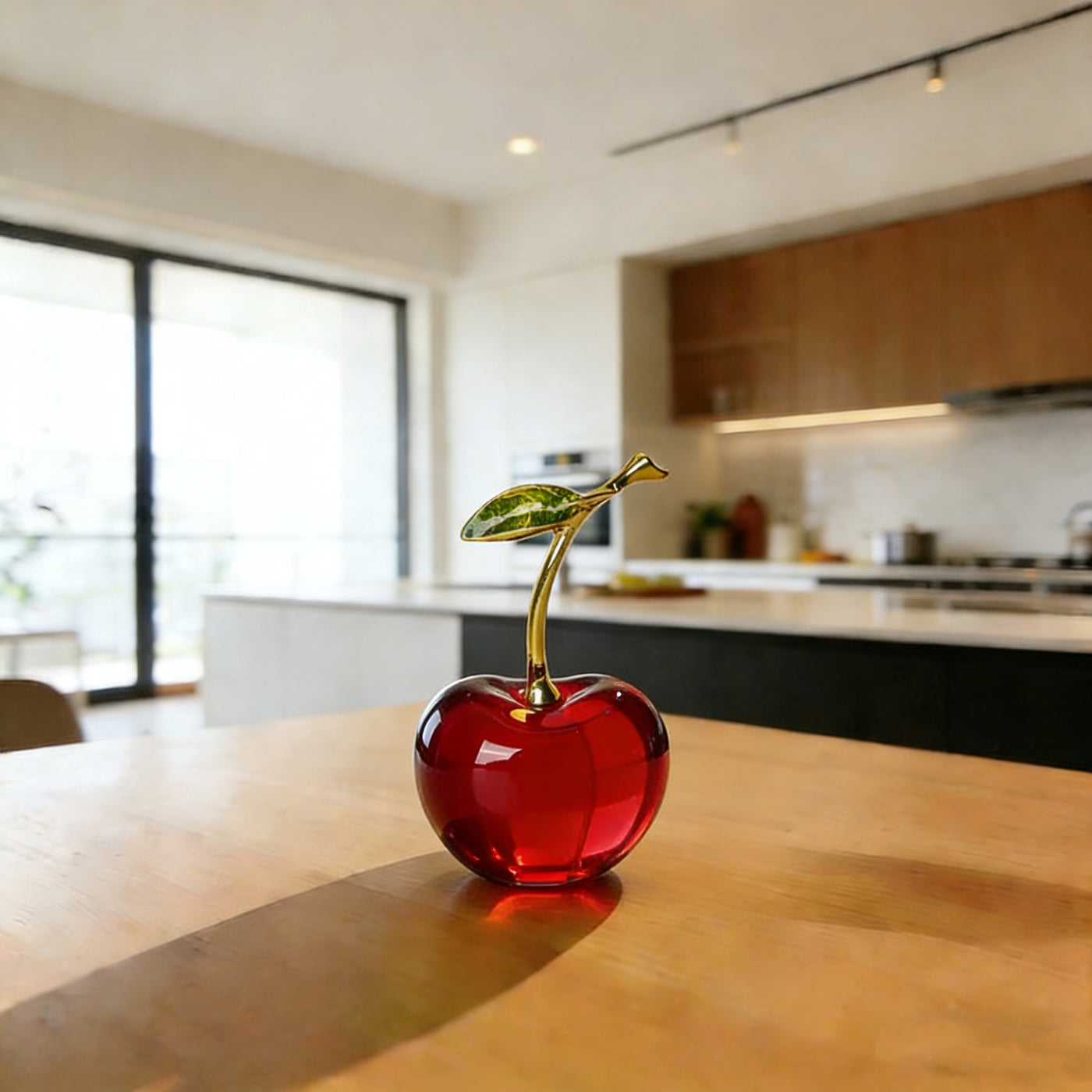 Crystal glass cherry figurine styled as home decor on a shelf