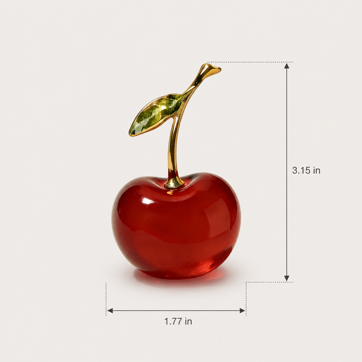 Glass cherry figurine size guide showing 3.15 inch height and 1.77 inch width