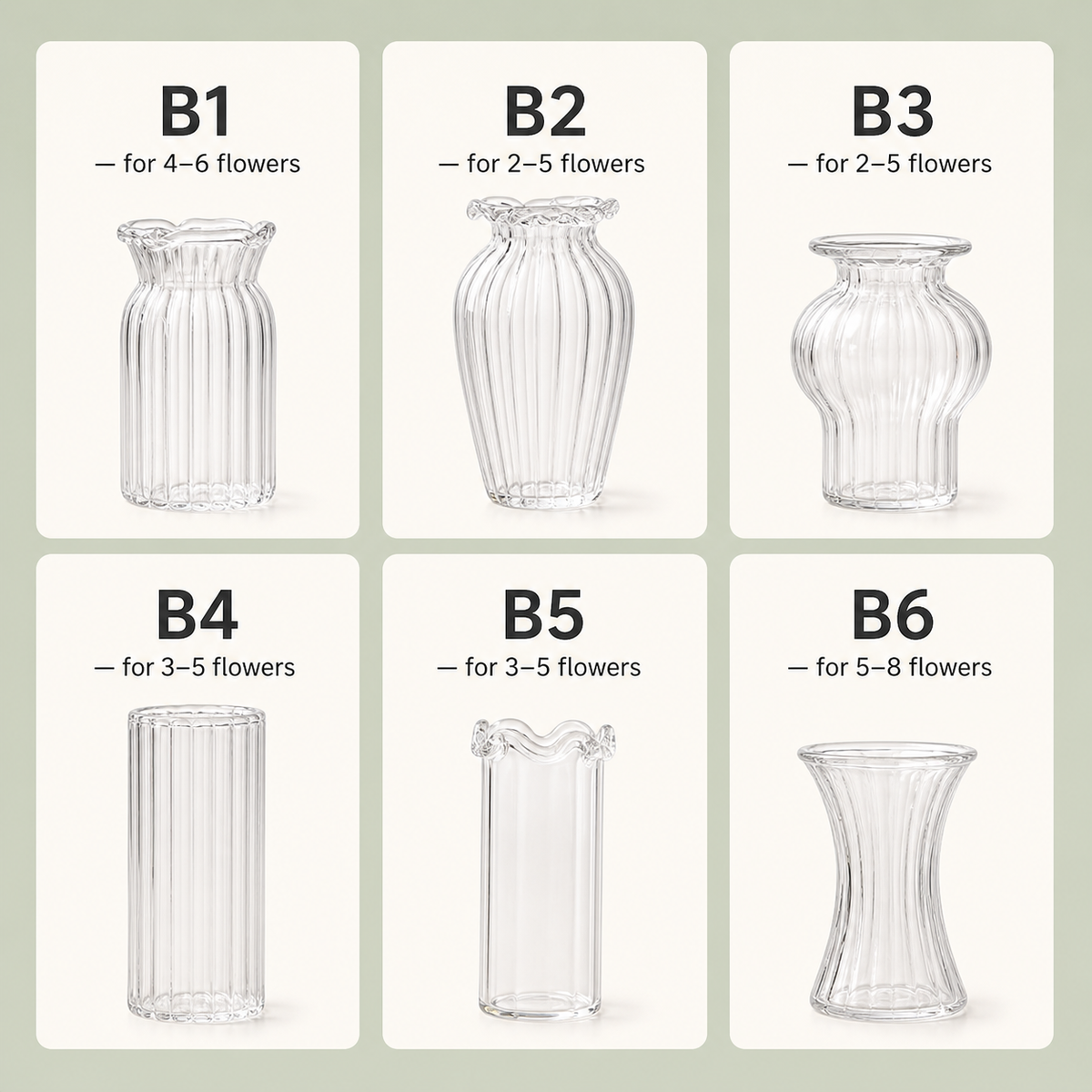Six miniature glass vase styles with flower capacities