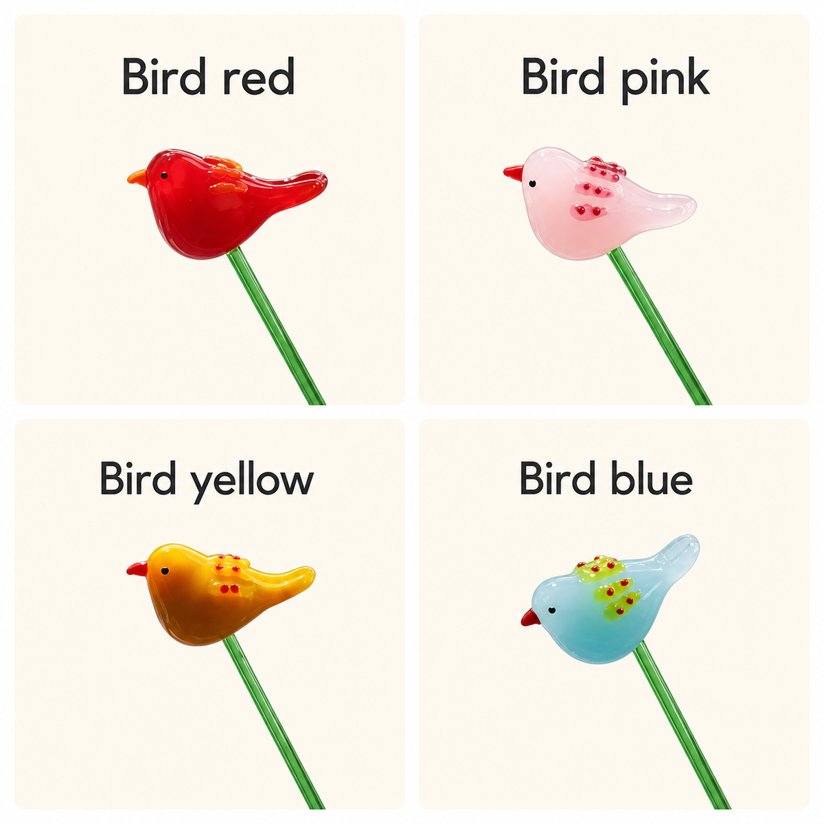Red pink yellow and blue miniature glass bird stem options