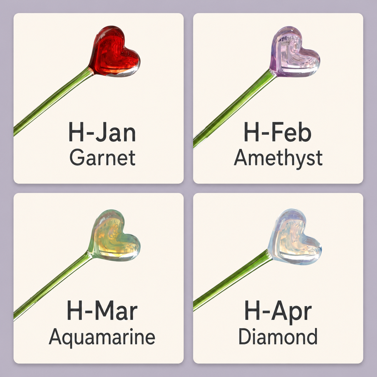 January to April heart-shaped glass birthstone stem options