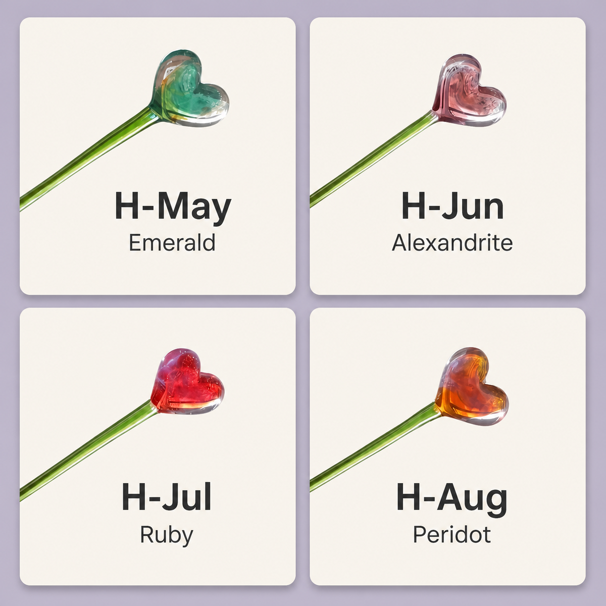 May to August heart-shaped glass birthstone stem options