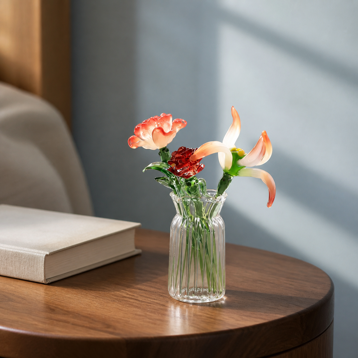 Coral red and white glass flowers in a ribbed vase on a bedside table