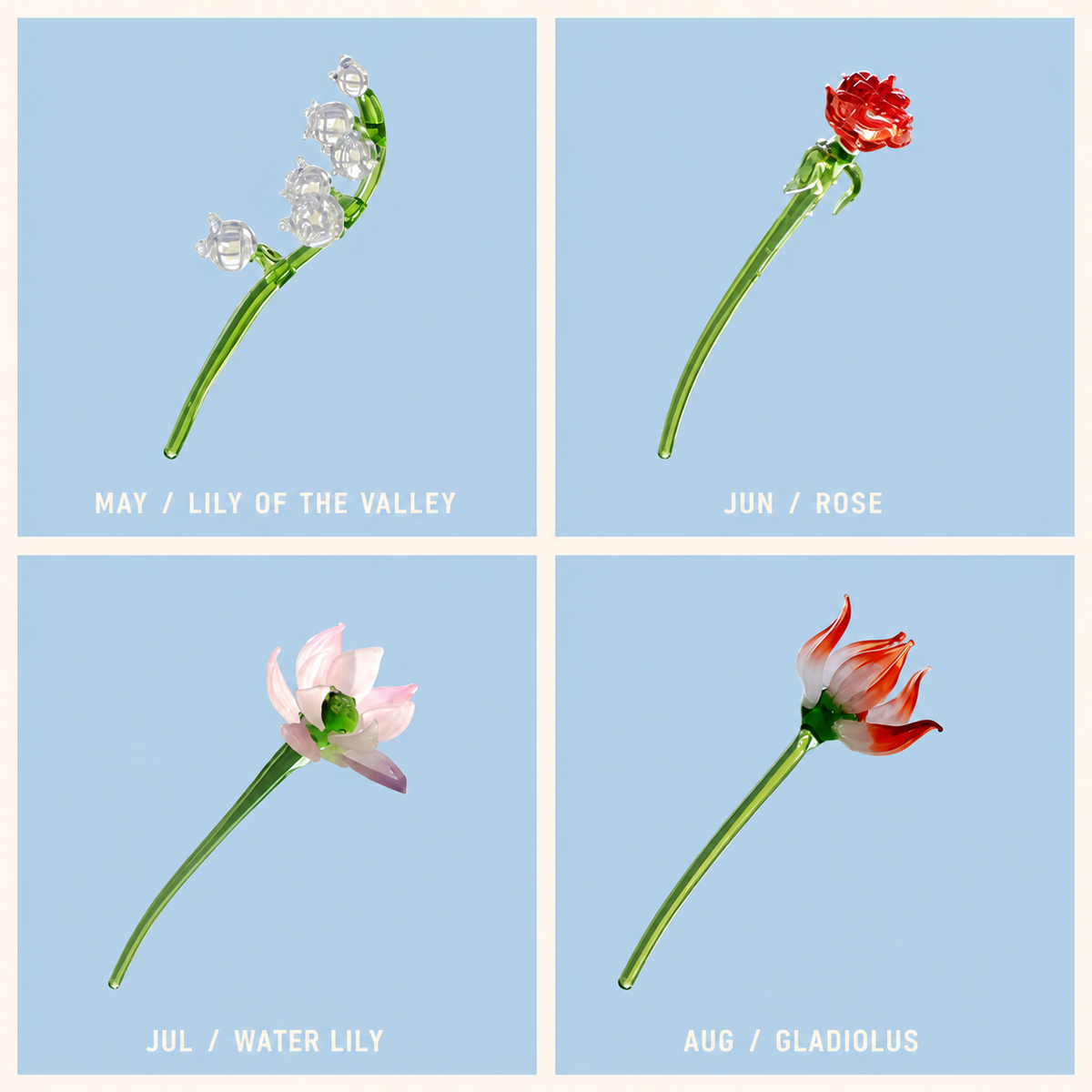 May to August miniature glass birth flower stems