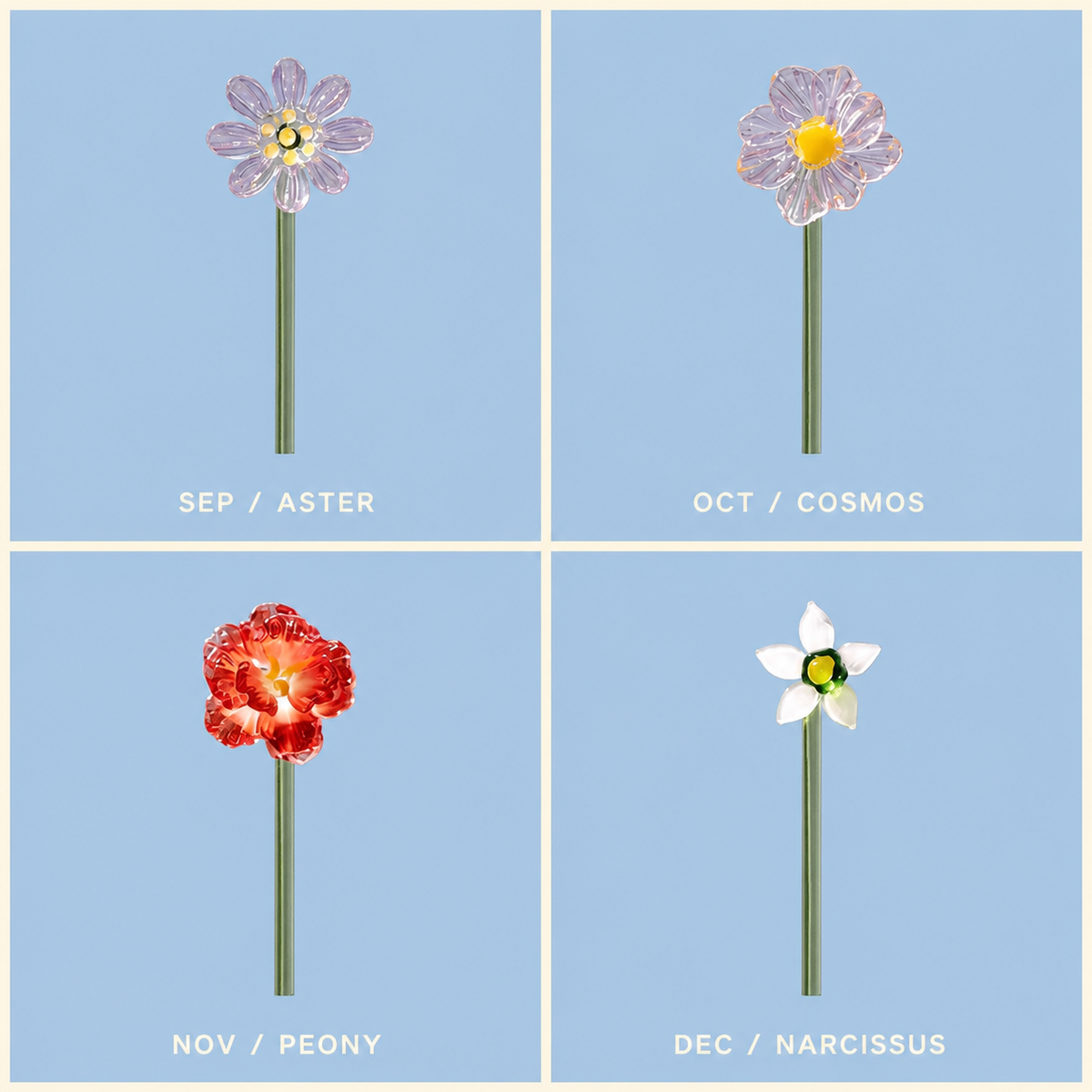 September to December miniature glass birth flower stems
