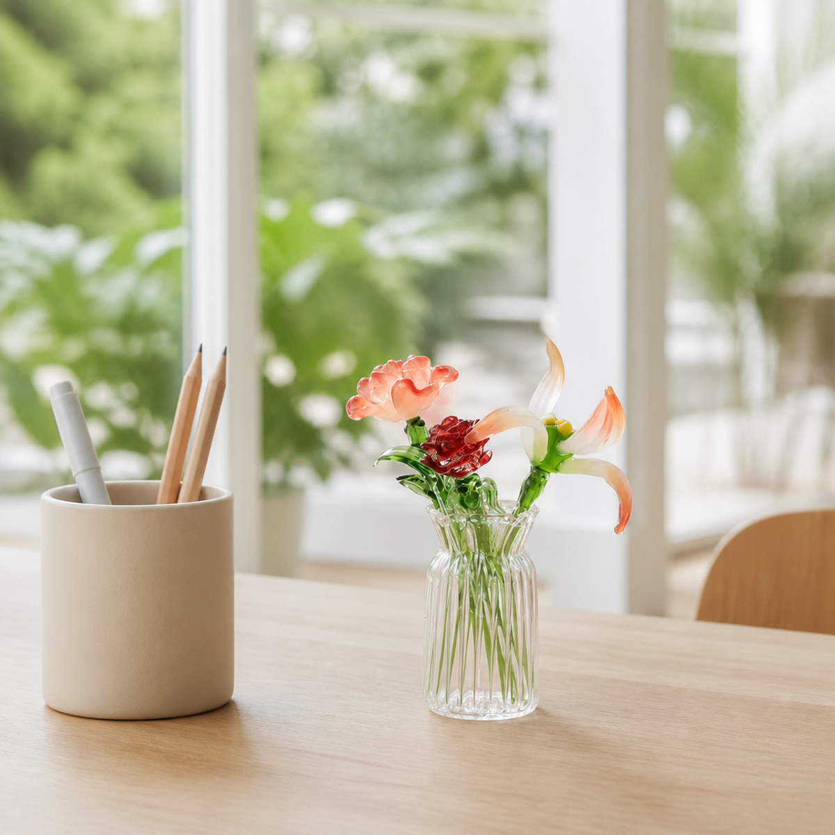 Coral red and white miniature glass flowers on a bright writing desk