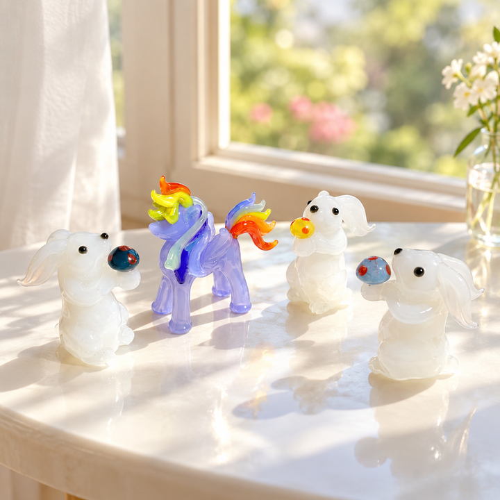 Handmade Glass Rabbit with Mushroom, Lampwork Horse Figurine, Easter – Handmade Gift for Her