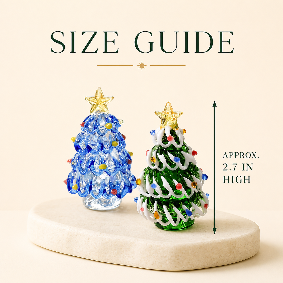 Glass Christmas tree figurines shown with approximate 2.7 inch height guide