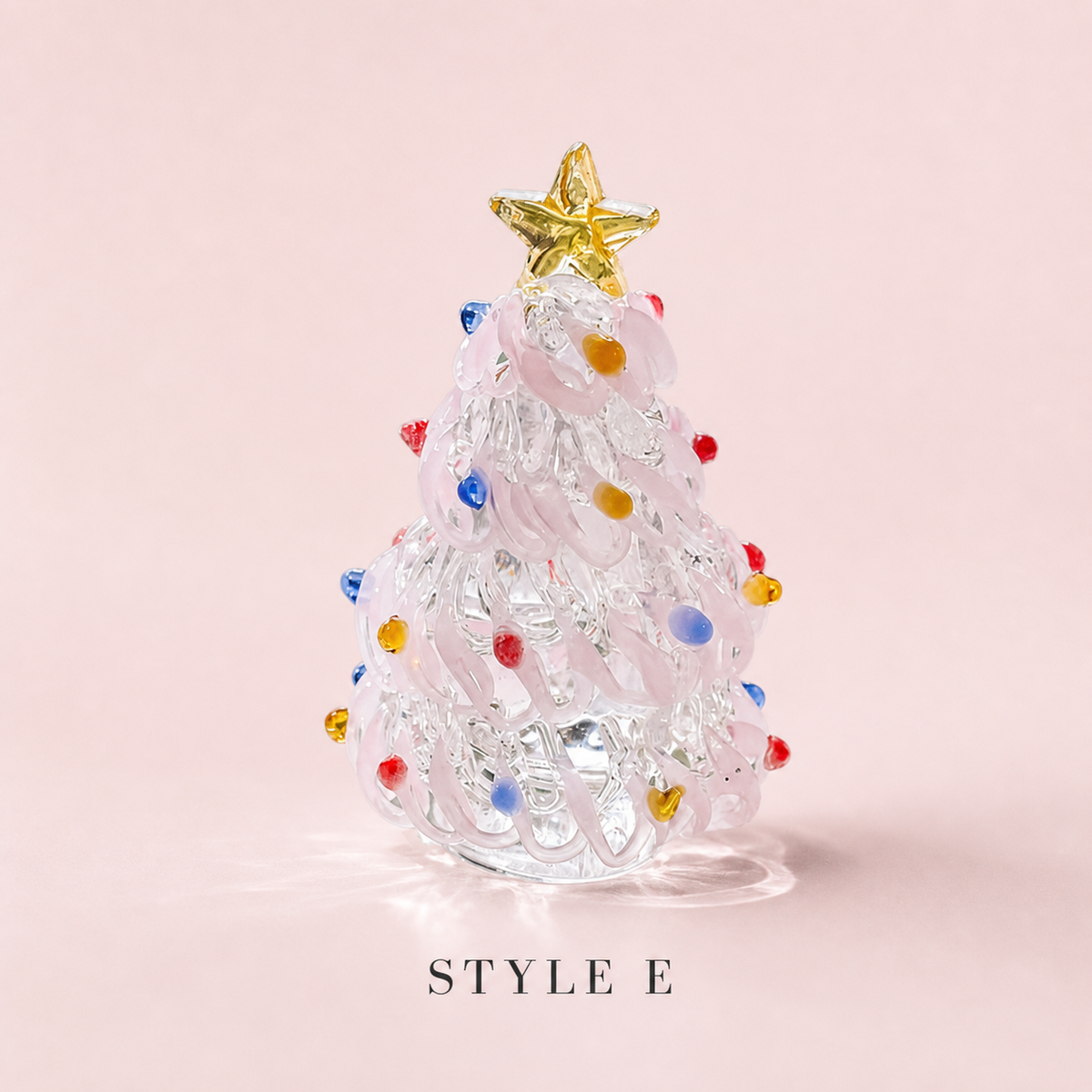 Style E clear handmade glass Christmas tree figurine with blush pink garland and gold star