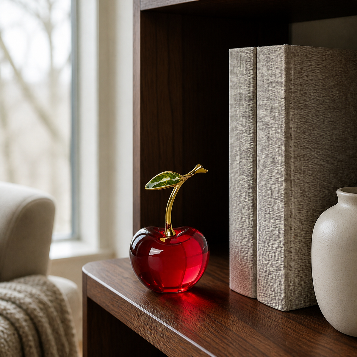 Red glass cherry figurine styled on a dark walnut bookshelf