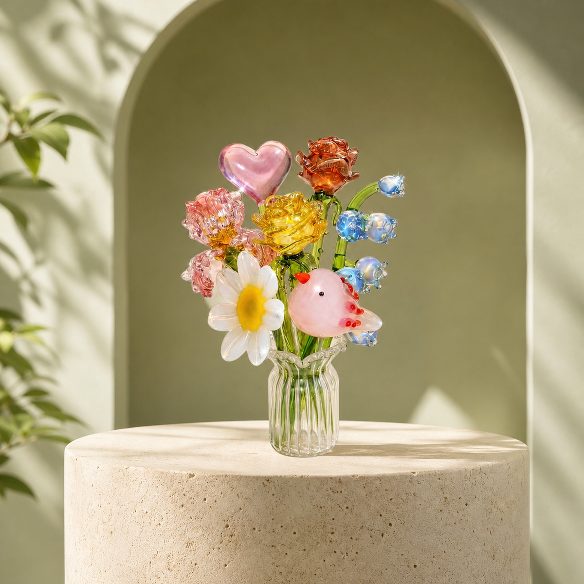 Miniature glass birth flower bouquet with pink bird in a clear vase