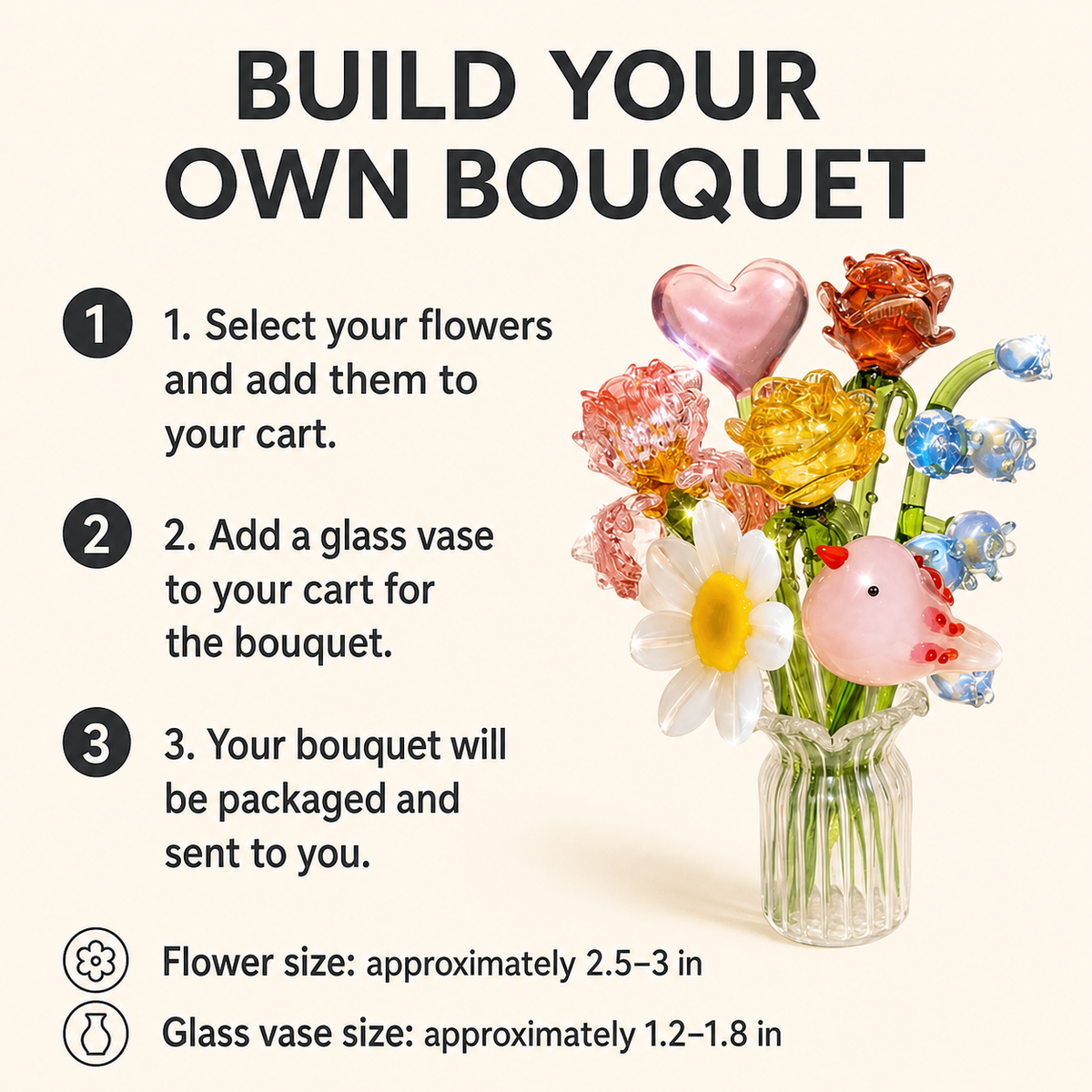 How to build a custom miniature glass bouquet with size information