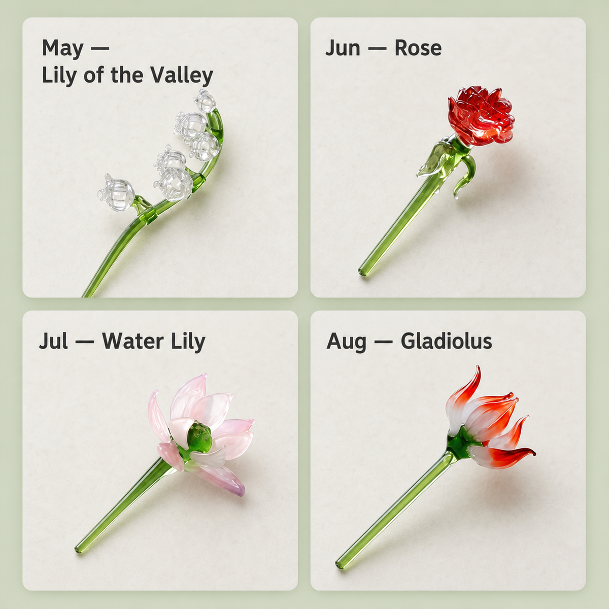 May to August miniature glass birth flower options