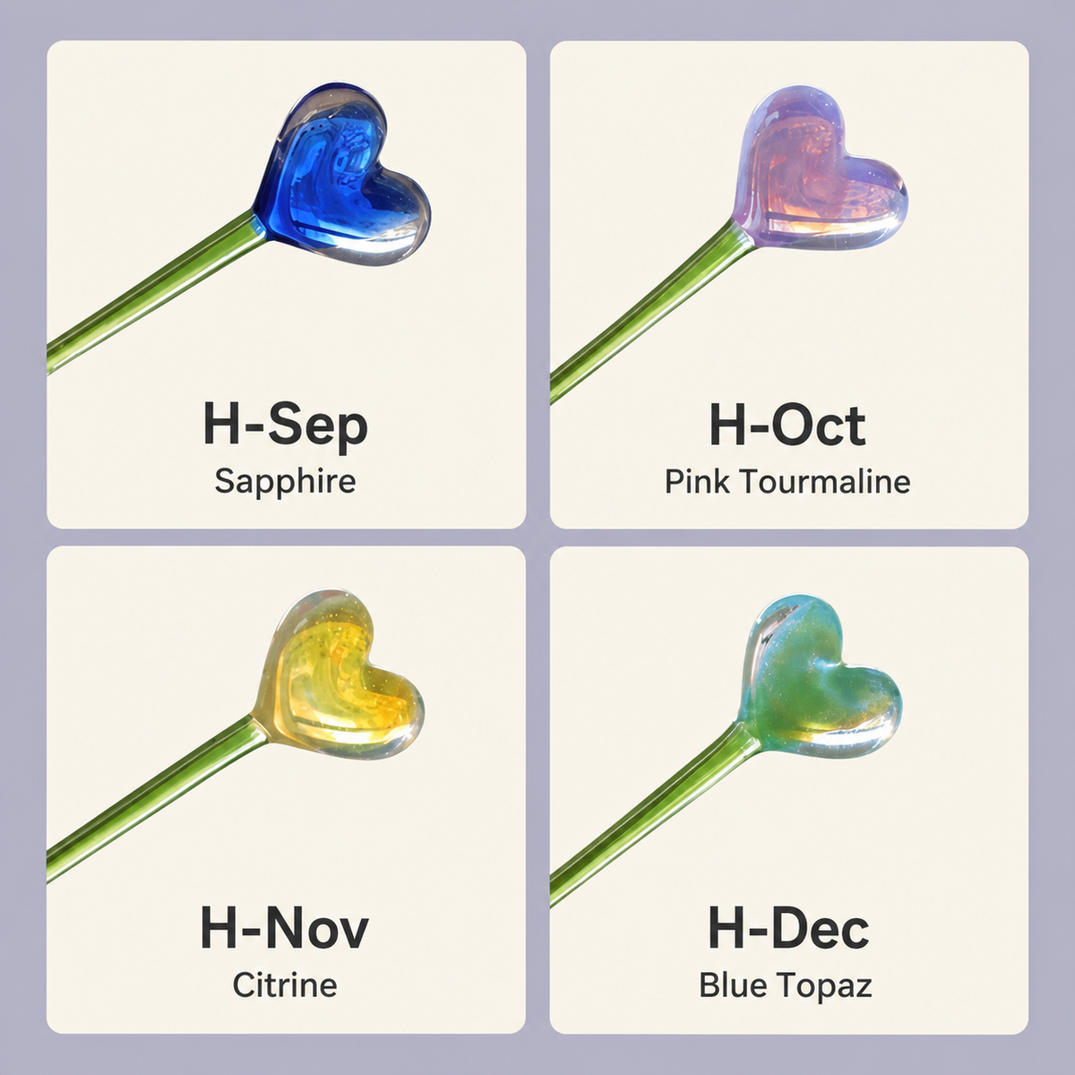 September to December heart-shaped glass birthstone stem options