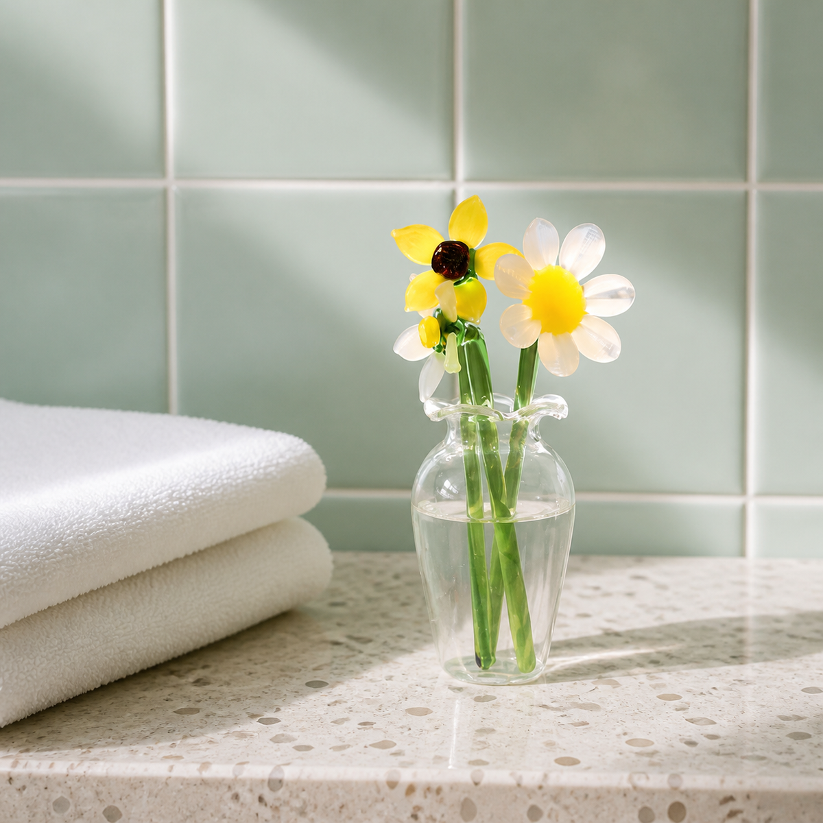 Yellow and white glass flowers in a clear vase on a terrazzo vanity
