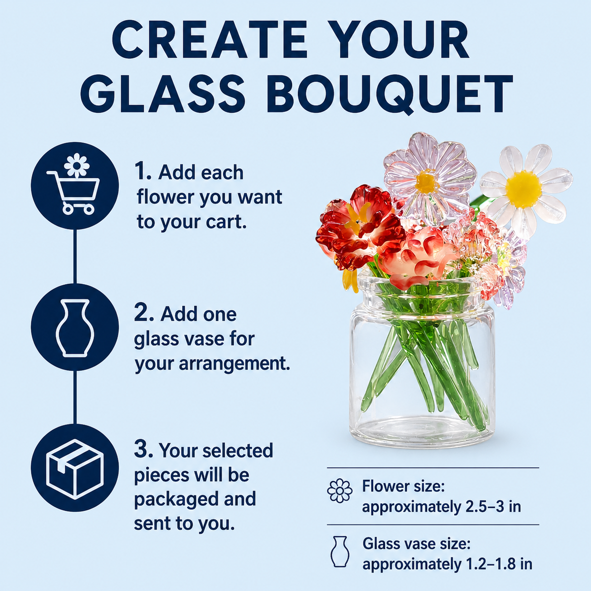 How to create a miniature glass flower bouquet with size information