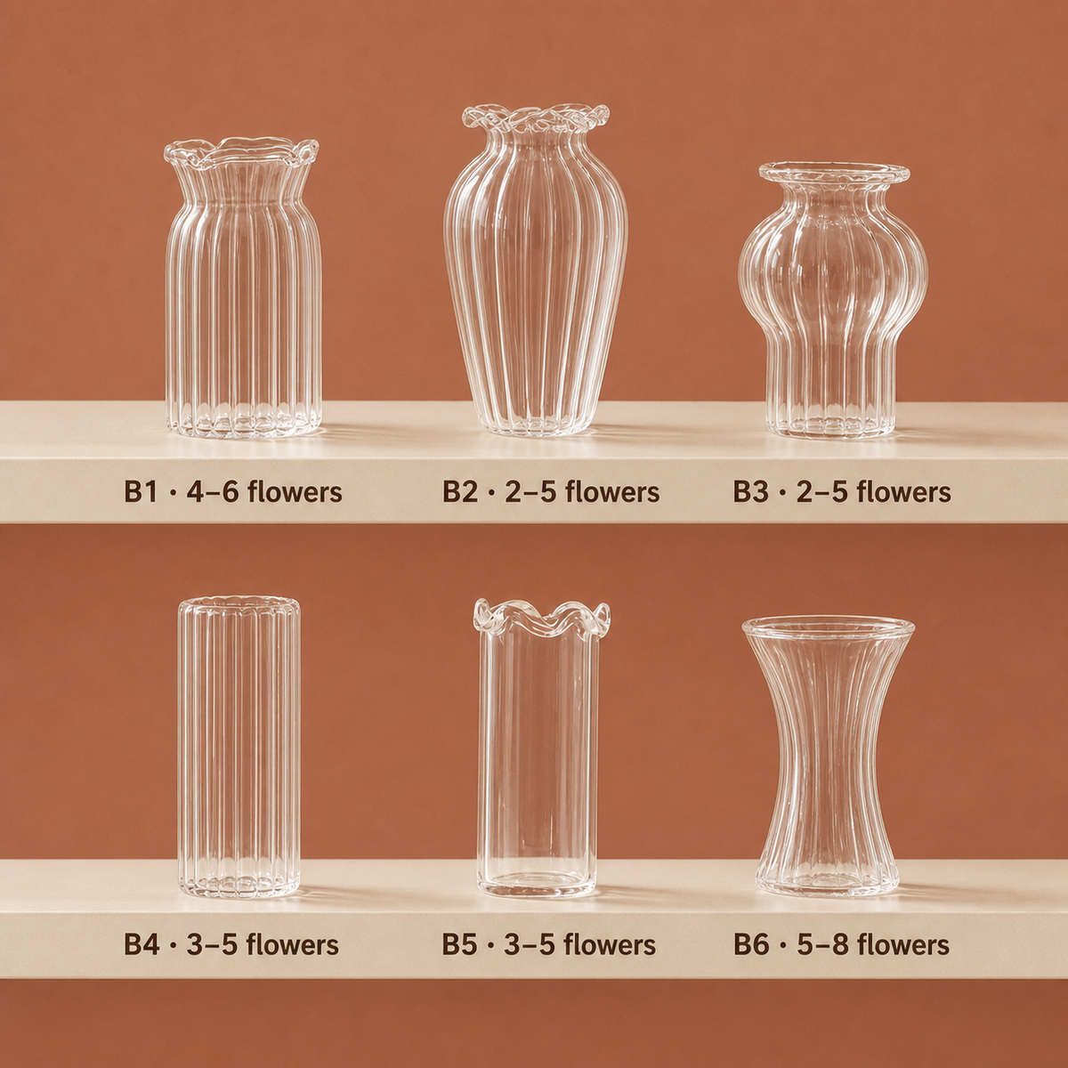 Six clear miniature glass vase styles with flower capacities