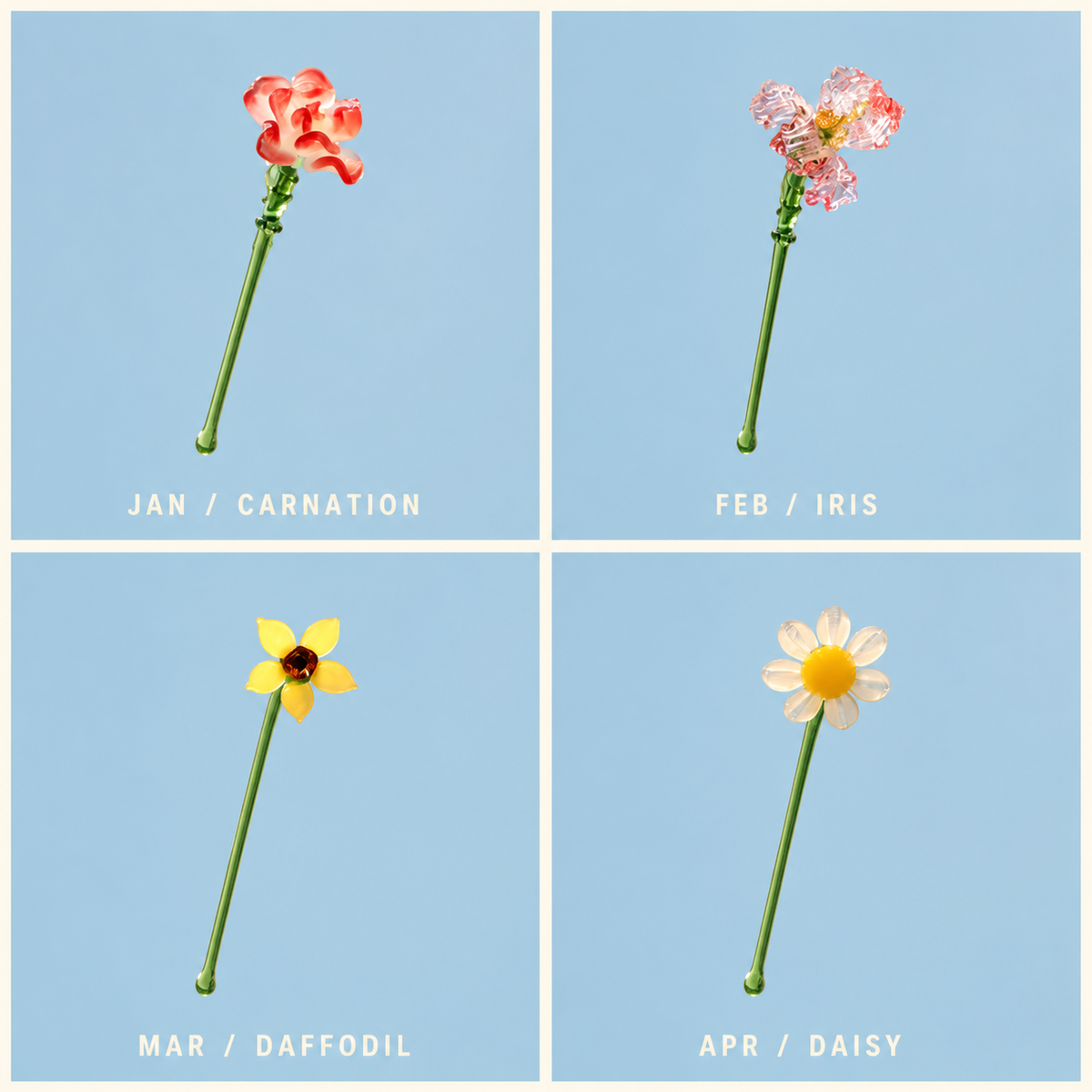 January to April miniature glass birth flower stems