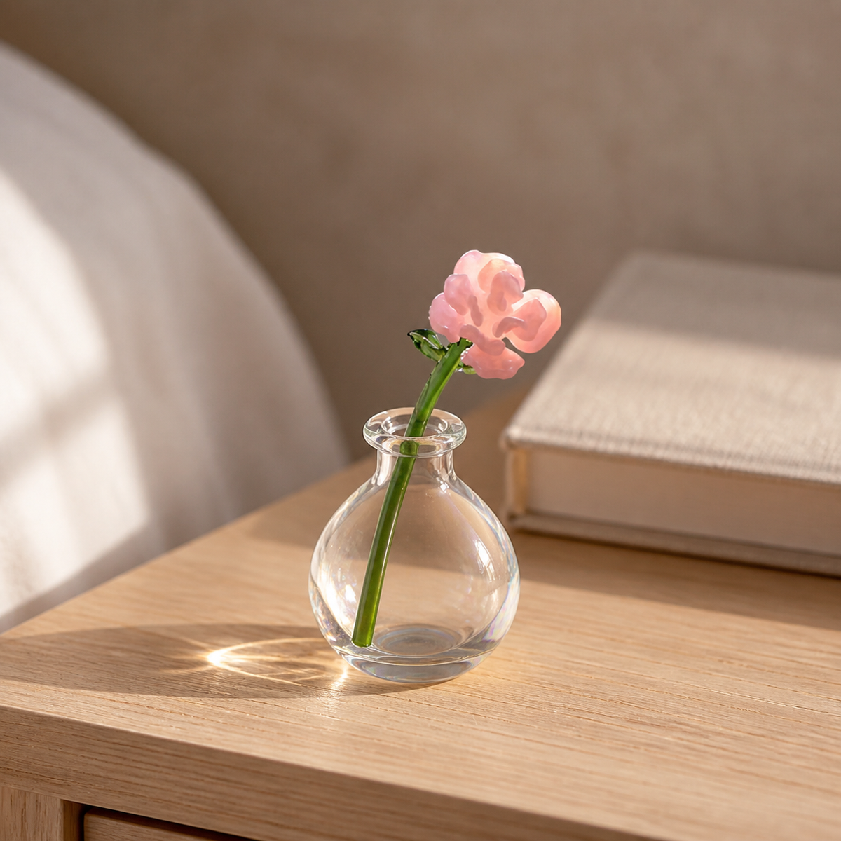 Pink handmade glass carnation displayed in a small clear bud vase