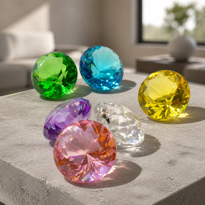 Colorful faceted glass diamond paperweights displayed on travertine