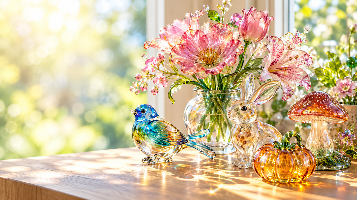 Handmade glass flowers and animal figurines in bright sunlight