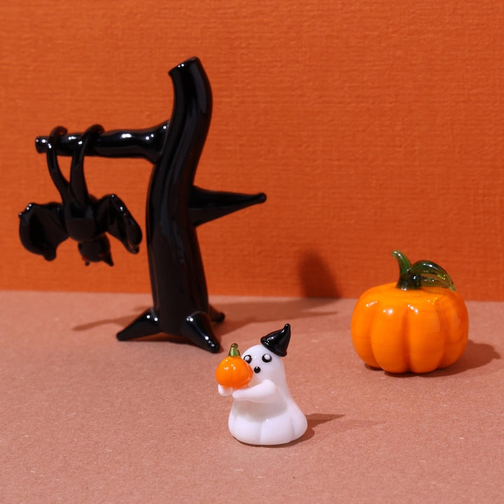 Handmade Halloween Glass Sculptures,Glass Ghost,Glass Pumpkin,Halloween Gift,Halloween,bat,Ghost with Pumpkin