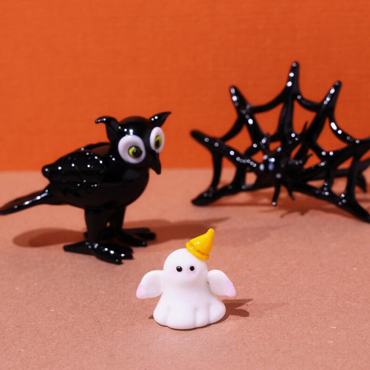 Handmade Halloween Glass Sculptures,Halloween Decor,Glass Ghost,Glass Crow,Glass Spider Web
