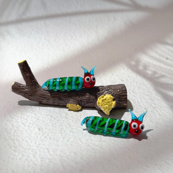 Handmade Glass Caterpillar Figurine, Cute Mini Insect Sculpture,