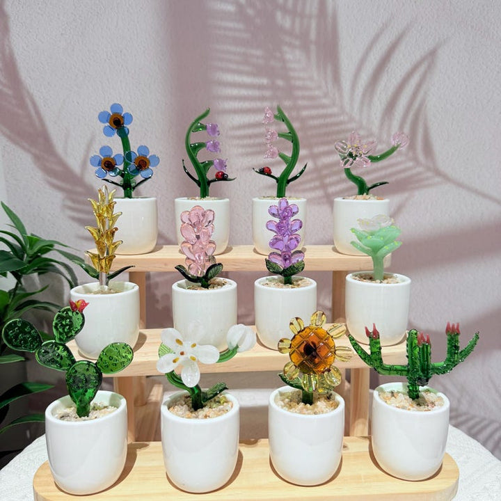 Handmade Glass Flower Pot Sculpture, Miniature Plant Decor