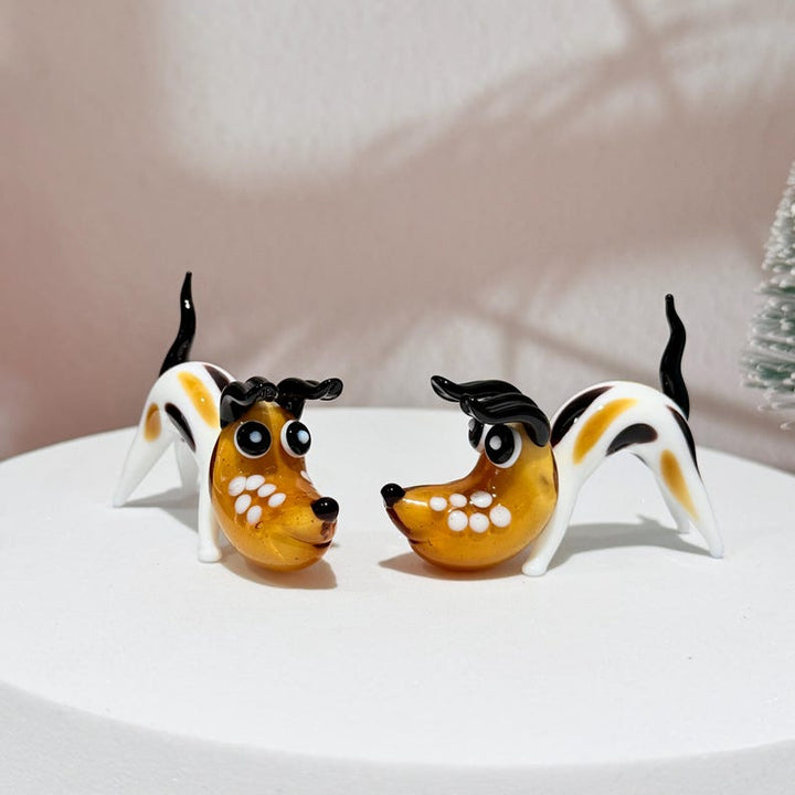 Handmade Glass Dachshund Figurine, Amber & White