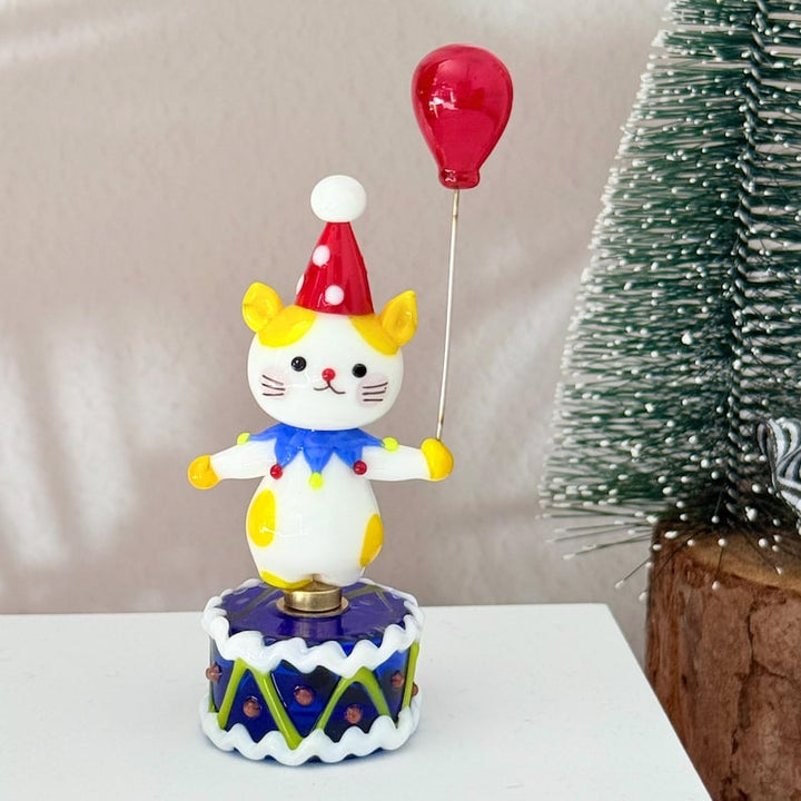 Handmade Spinning Cat Figurine with Balloon, Circus Cat Sculpture,