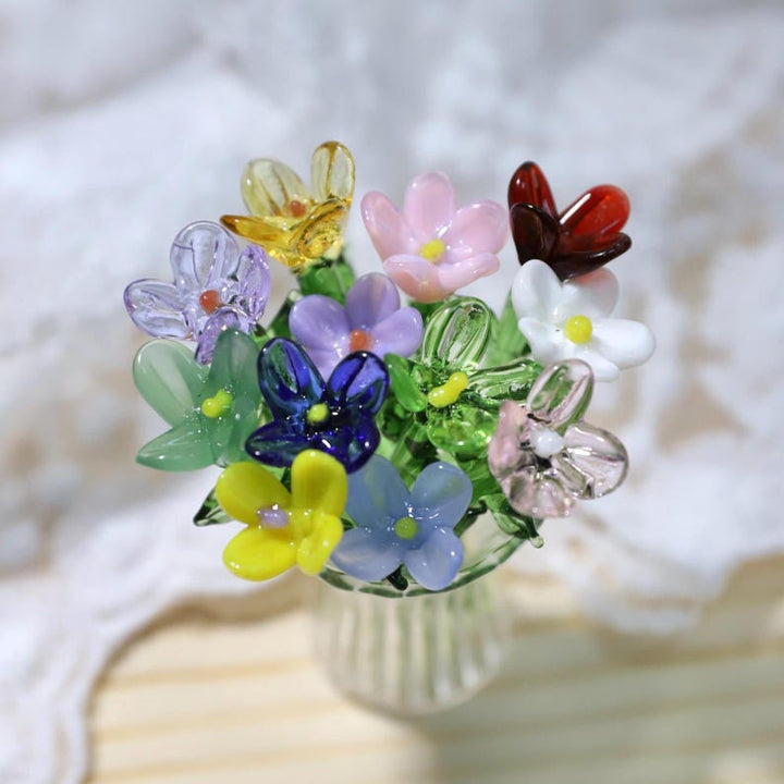 Handcrafted Glass Flower Bouquet, Mini Vase Decor