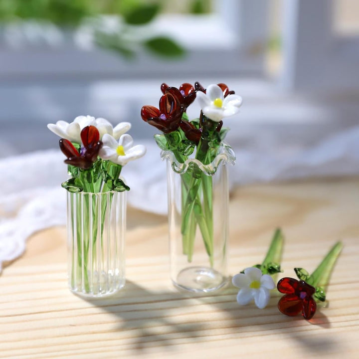 Handmade Red Glass Flower Bouquet, Mini Vase