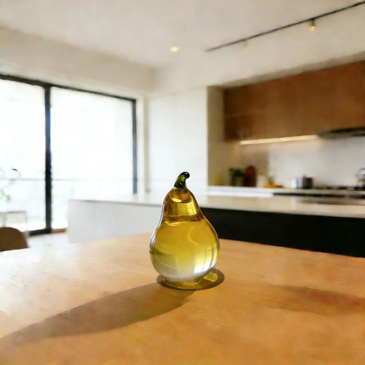 Golden Yellow Glass Pear Sculpture, Handcrafted Art Glass Decor Accent – Handmade Gift for Her