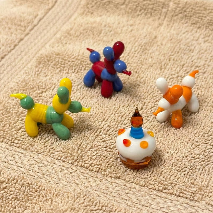 Handmade Glass Balloon Dog Figurine, Whimsical Lampwork Dog Sculpture, Blown Glass Desk Decor, Party Favor Gift, Miniature Dog and Cake