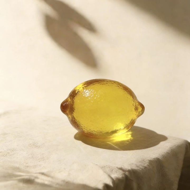 Golden Glass Lemon Art Object, Handcrafted Yellow Art Glass Decor – Handmade Gift