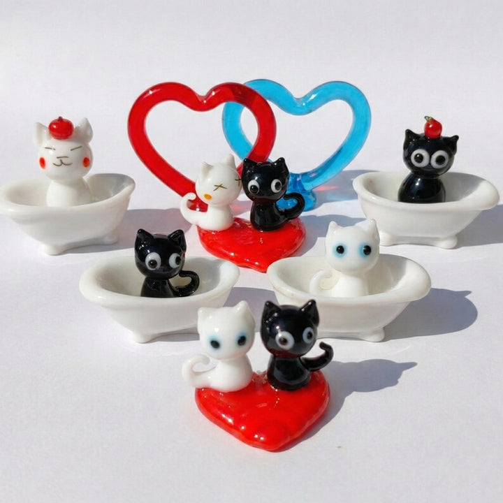 Handblown Glass Cat Figurine, Cat Lover Gift for Valentines Day, Whimsical Black Cat Collection, Handmade Lampwork Art, Funny Bathroom Decor