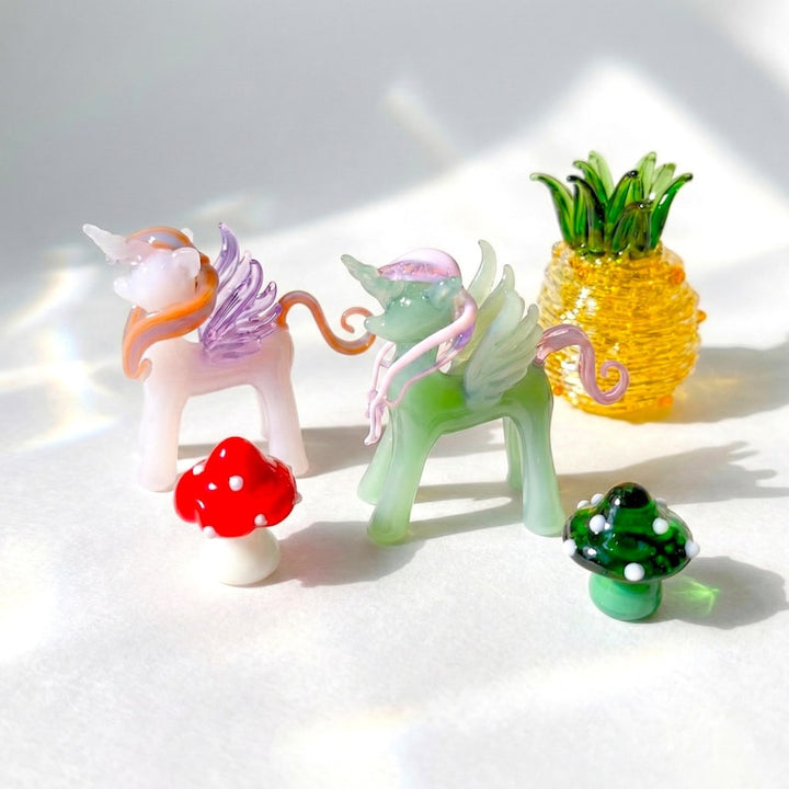 Handblown Glass Horse Figurine, Handmade Mushroom Miniature, Lampwork Fruit Collection, Whimsical Gift for Kids, Fairy Garden Accessories