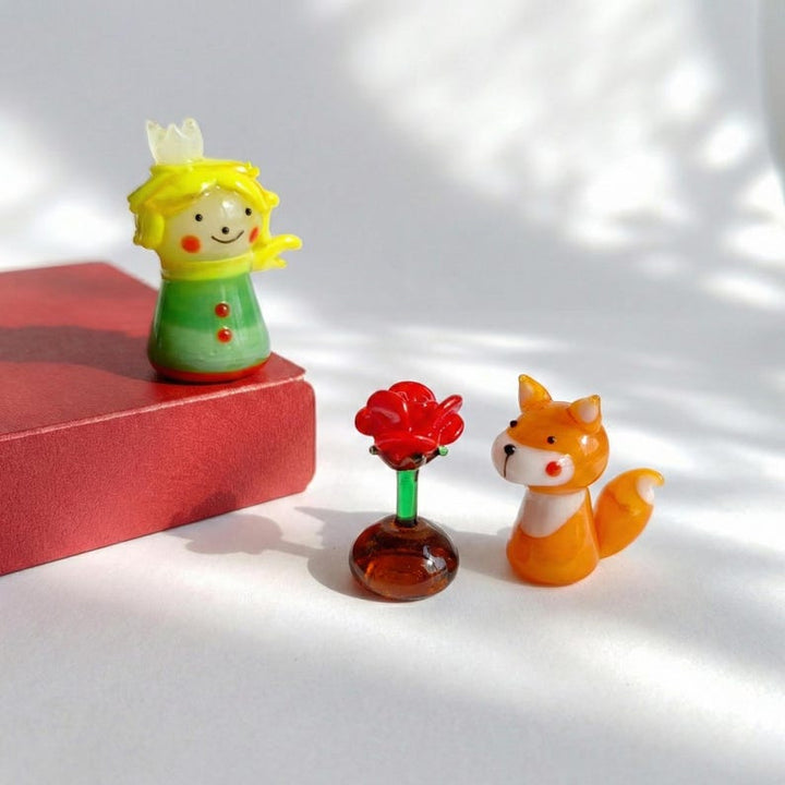 Glass Miniature Rose for Valentine's Day, Glass Flower and Fox Figurines, Fairytale Themed Party Decor, Gift for Book Lover, Bookshelf Decor