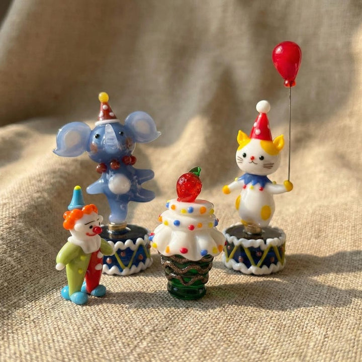 Handmade Clowncore Circus Glass Figurine - Lampwork Elephant, Cat, Clown - Party Favors, Glass Cat Miniature, Office Desk Decor, Kids Gift