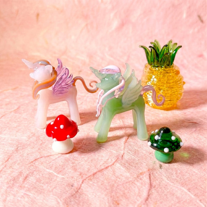 Handmade Glass Unicorn Figurine, Lampwork Glass Horse, Whimsical Mushroom for Fairy Garden, Fruit Miniature, Housewarming Gift, Desk Decor
