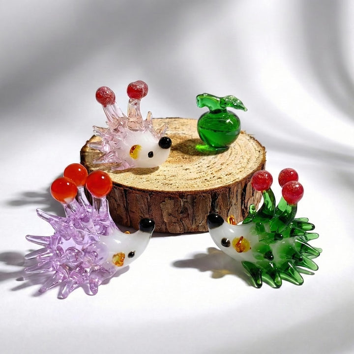 Handblown Glass Hedgehog Figurine, Miniature Lampwork Animal Sculpture, Whimsical Forest Figurine, Tiny Glass Animal Statuette, Desk Decor