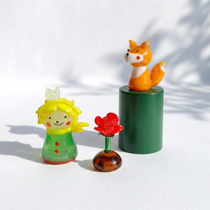 Little Boy Fox Rose Miniature Glass Figurine Set, Cute Lampwork Sculpture, Tiny Whimsical Collectible, Fairytale Desk Decor, Unique Gift
