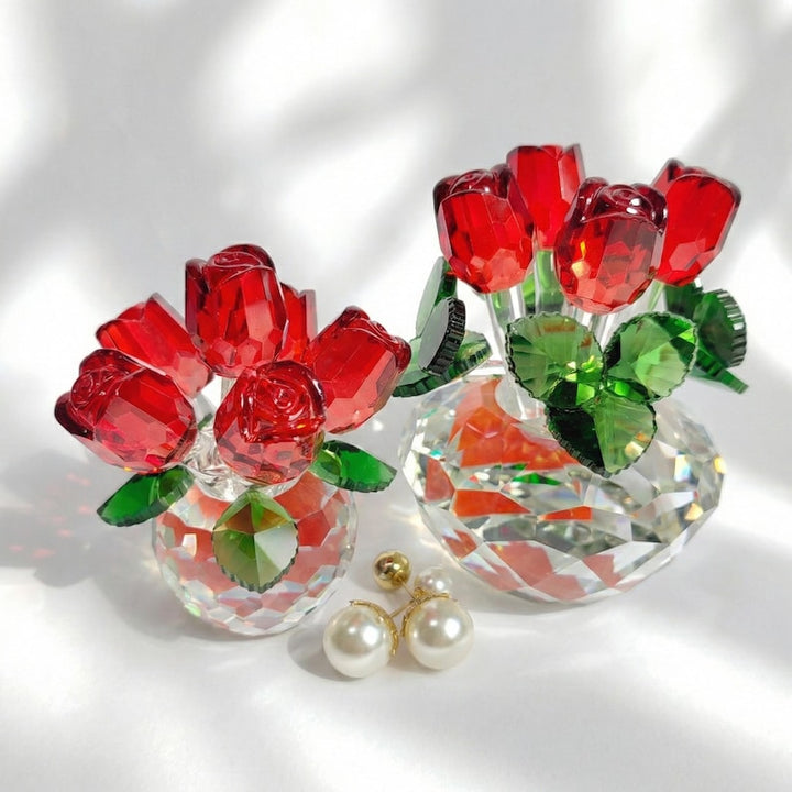Glass Red Rose Figurine in Vase, Crystal Flower Bouquet, Valentine's Day Gift for Girlfriend, Anniversary Gift for Her, Handmade Home Decor