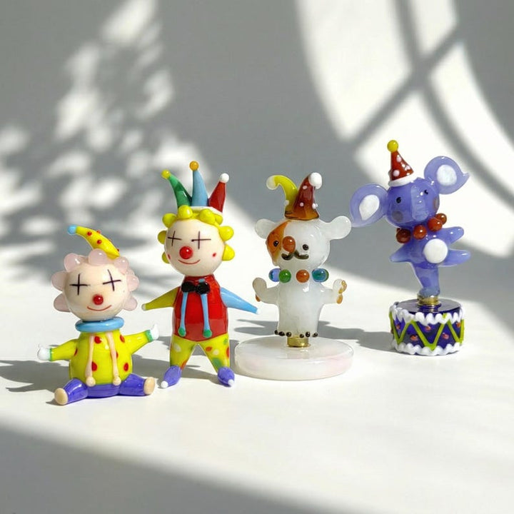 Handmade Glass Circus Dog Figurine, Lampwork Pastel Clown, Blown Glass Acrobat Elephant, Spring Style Decor, Kidcore Art, Housewarming Gift