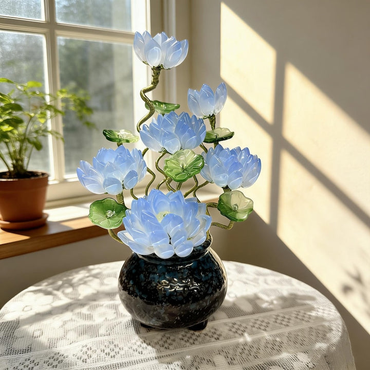 Handmade Blue Glass Flower with Pot, Lotus Style Art Glass Floral – Birthday Gift for Her, Mother's Day Gift