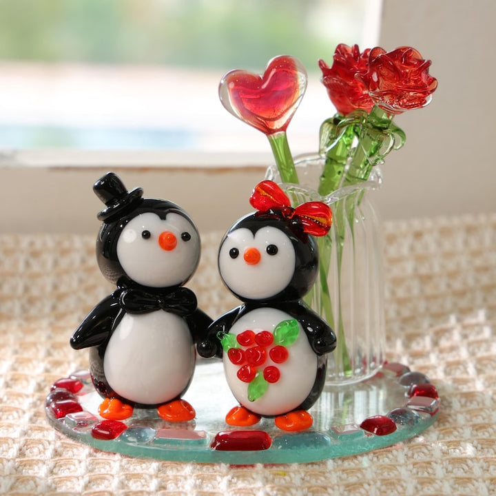Hand-Blown Glass Penguin Couple Figurine – Romantic Wedding Cake Topper, Birthstone Heart Flowers, Valentine’s Day Handmade Love Gift