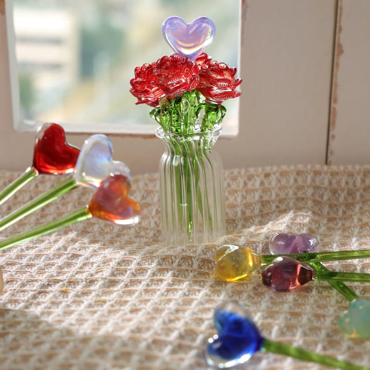 Hand Blown Glass Flower Bouquet with Birth Month Heart & Birthstone – Romantic Wedding Cake Topper, Valentine’s Day Gift for Her