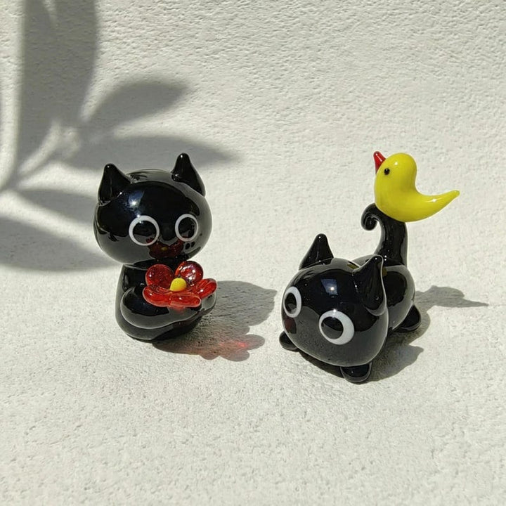 Handmade Glass Black Cat Family Figurine, Lampwork Miniature Kitty Collection, Blown Glass Cat Sculpture, Valentines Gift, Cute Cake Topper