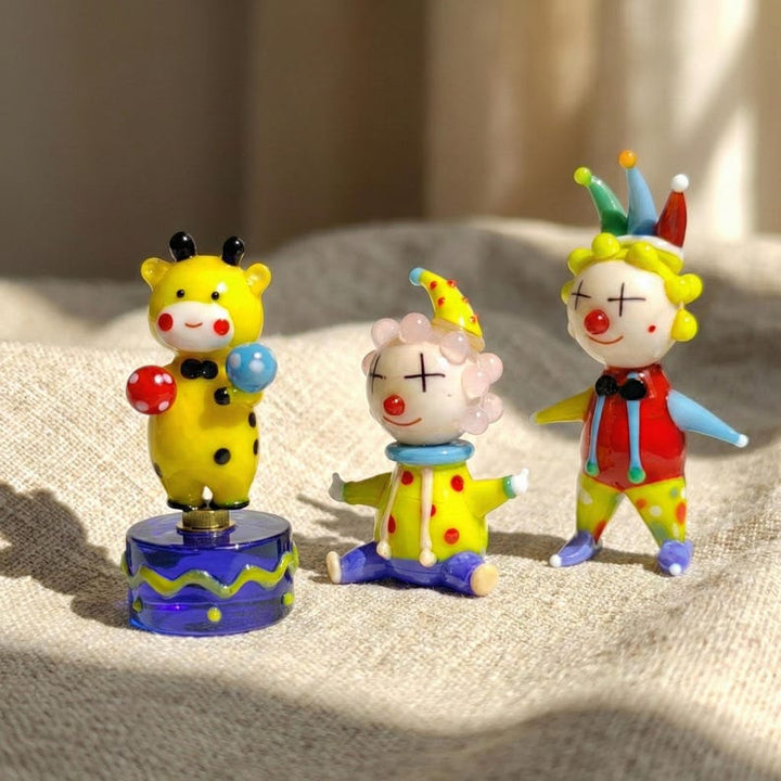 Blown Glass Circus Clown Figurine, Lampwork Bunny & Giraffe, Whimsical Miniature Clown, Party Favors, Unique Easter Gift, Circus Theme Decor
